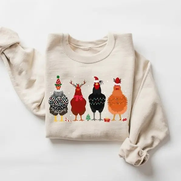 Cute Christmas Chickens Sweatshirt, Christmas Farm Animal Sweatshirt, Chickens Lover Sweater, Funny Holiday Sweater,...