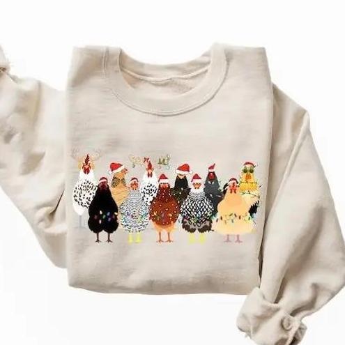 Cute Christmas Chickens Sweatshirt, Reindeer Chicken Xmas Lights Sweashirt, Womens Trendy Christmas Chicken Sweaters...
