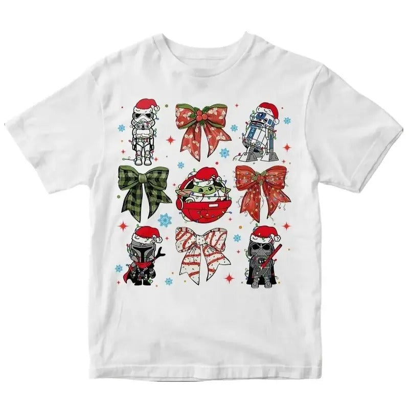 Cute Coquette Bows Christmas Graphic Tee - Holiday Shirt - Cartoon Shirt - Merry Christmas
