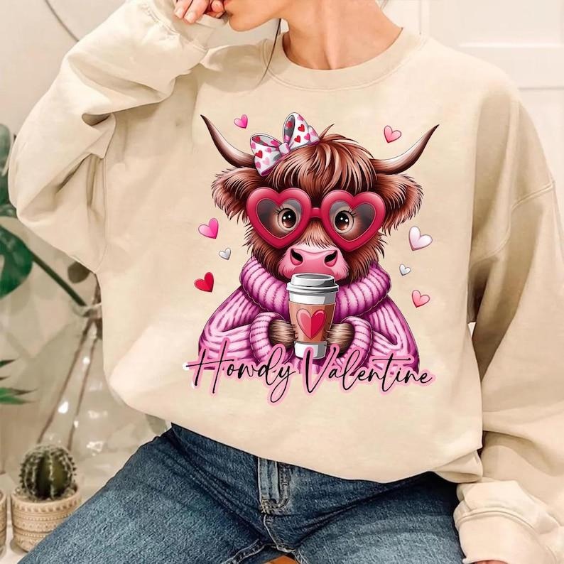 Cute Coquette Heart Sweatshirt | Retro Valentine Highland Cow | Crafts Love Crewneck T-Shirts, Hoodie | UrbanDripWear.com