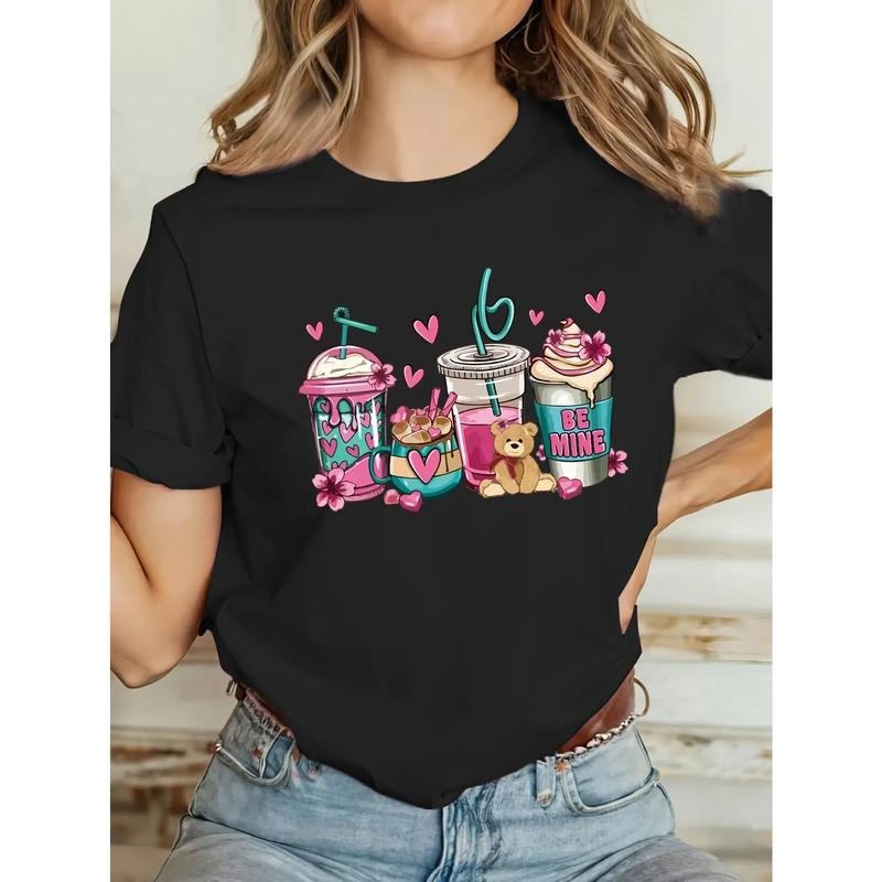 Cute Cup Print Sleeve T-Shirt for Spring & Summer Women's Clothing Graphic Print Crew Neck T-Shirt Casual Short Hoodie,...