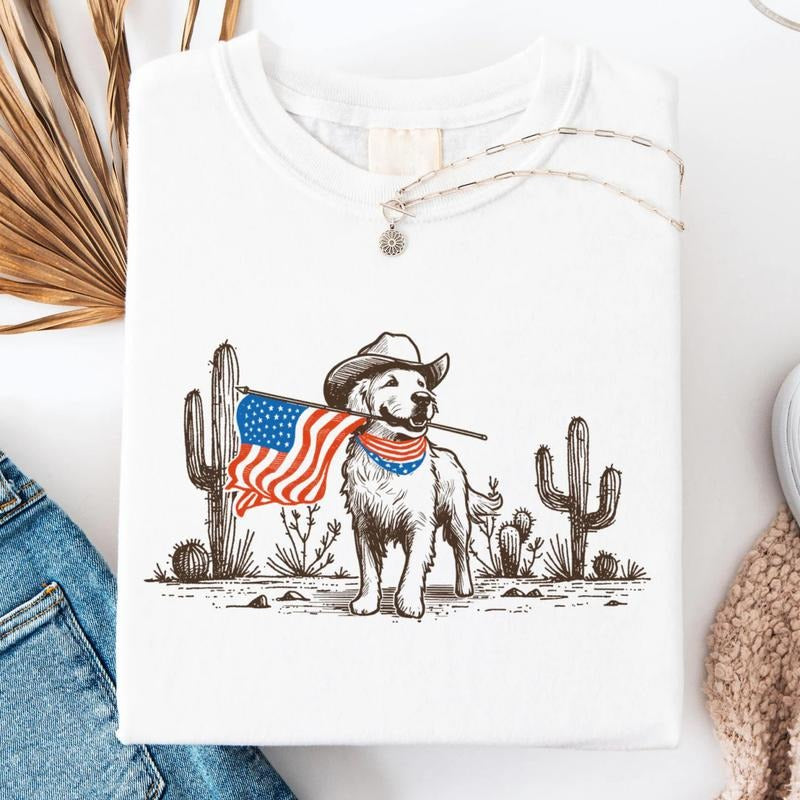 Cute Dog 4th Of July Tee Shirt, Western Cowboy Dog Sweatshirt, Funny Fourth Of July Shirt, American Flag T-Shirt, America...