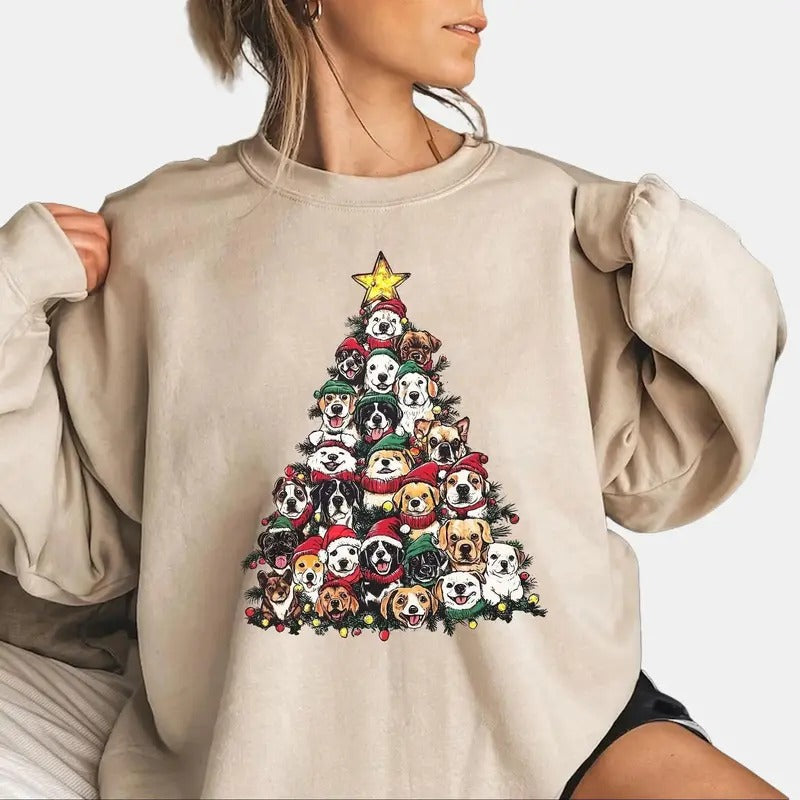 Cute Dogs Tree Sweatshirt - Christmas Sweatshirt for Dog Mom - Fabric, Cotton Crewneck Fit T-Shirts, Hoodie
