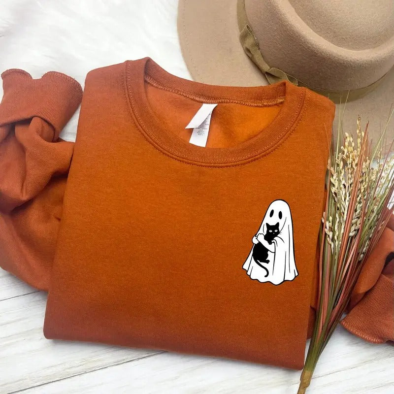 Cute Ghost Black Cat Sweatshirt, Spooky Cat Sweatshirt, Womens Halloween Sweatshirt Cotton Sweaters T-Shirts, Hoodie