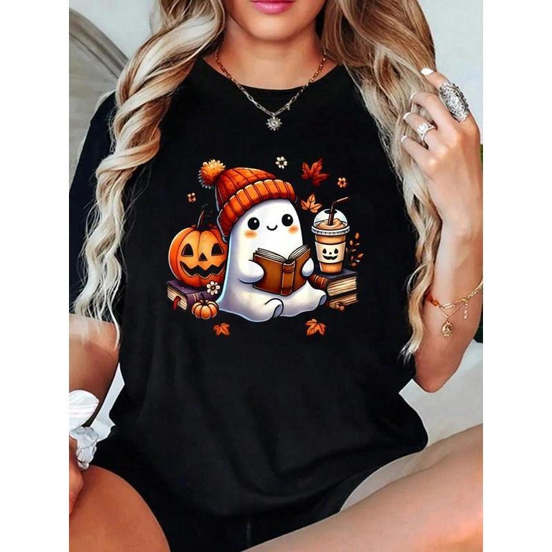 Cute Ghost Reading Book Lovers Halloween Ghost Coffee Women T-Shirt 100% Cotton, Breathable & Comfort Fit T Shirt, Short...