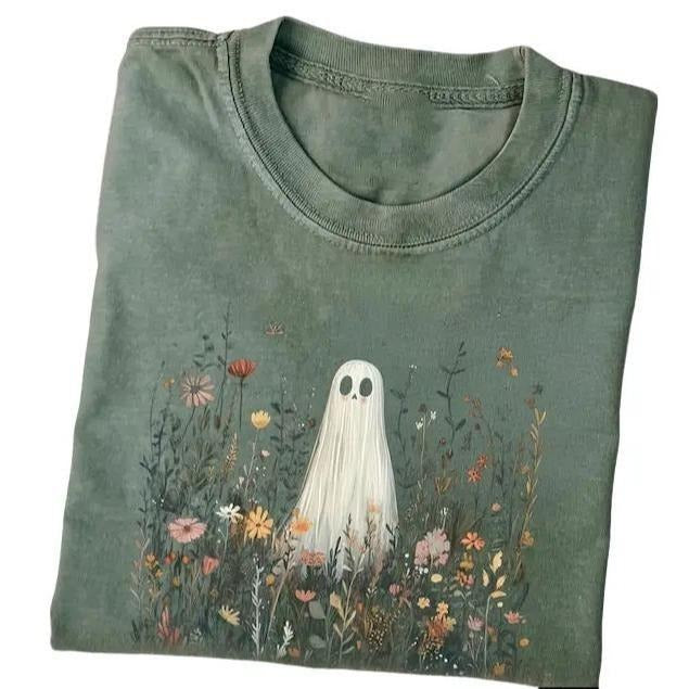 Cute Ghost in Wildflowers Shirt Spooky Fall Aesthetic Halloween Floral Tee Retro October Graphic T-Shirt Cozy Ghostcore...