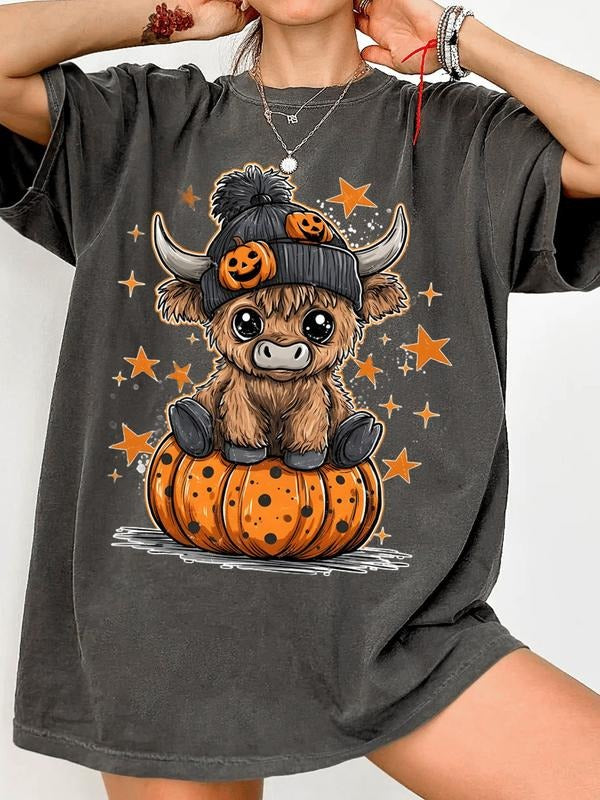 Cute Halloween Cute Cartoon Cow Shirt Pumpkin Women's Shirt Weird T-shirt, Comfortable Farm Animal Pumpkin Tops Hoodie,...