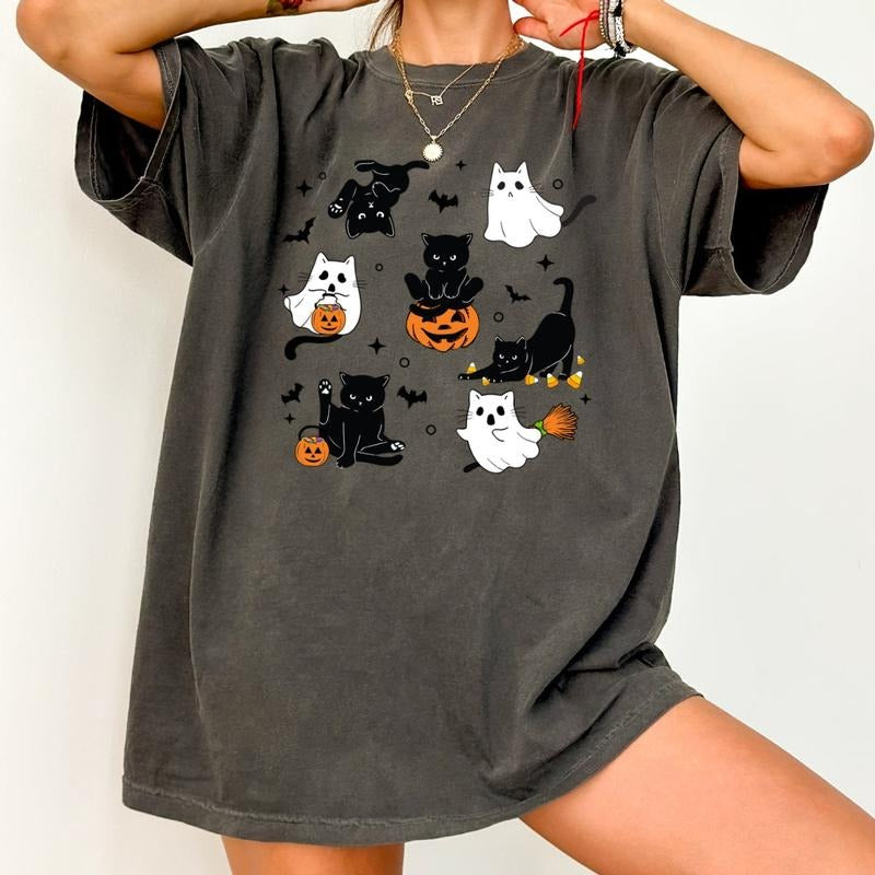 Cute Halloween Ghost Cat  Printed Comfort Colors T-Shirt Hoodie, Sweatshirt | UrbanDripWear.com
