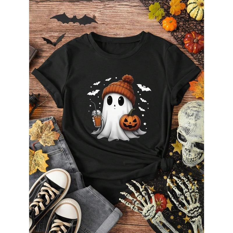 Cute Halloween Ghost Graphic T-Shirt, Pumpkin Halloween Short Sleeve Casual Tee Fabric Tshirt Hoodie, Sweatshirt