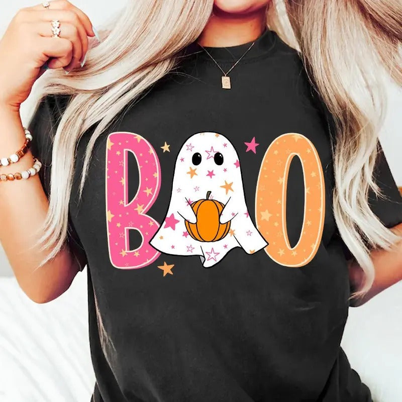 Cute Halloween Ghost T-Shirt for Women, Floral Halloween Sweatshirt, Spooky Season Unisex Cotton Crewneck Sweatshirt