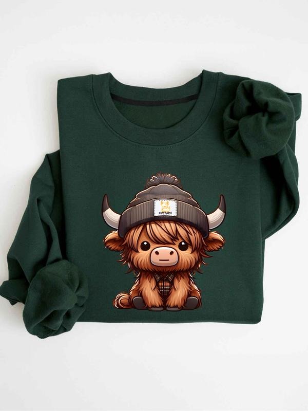 Cute Highland Cow "Plaid Beanie" Graphic Sweatshirt - Casual Whimsical Vintage Fleece Pullover T-Shirts, Hoodie