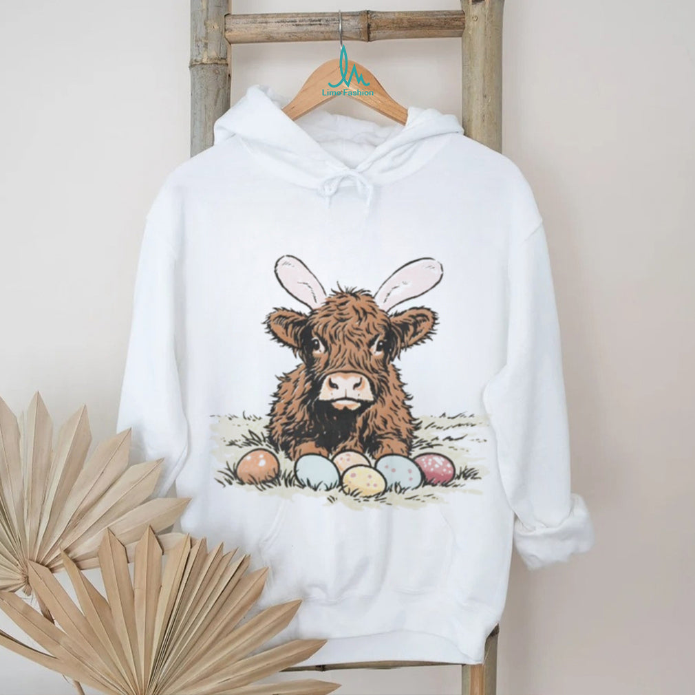 Cute Highland Cow Easter Bunny Ears with Eggs Graphic T Shirt
