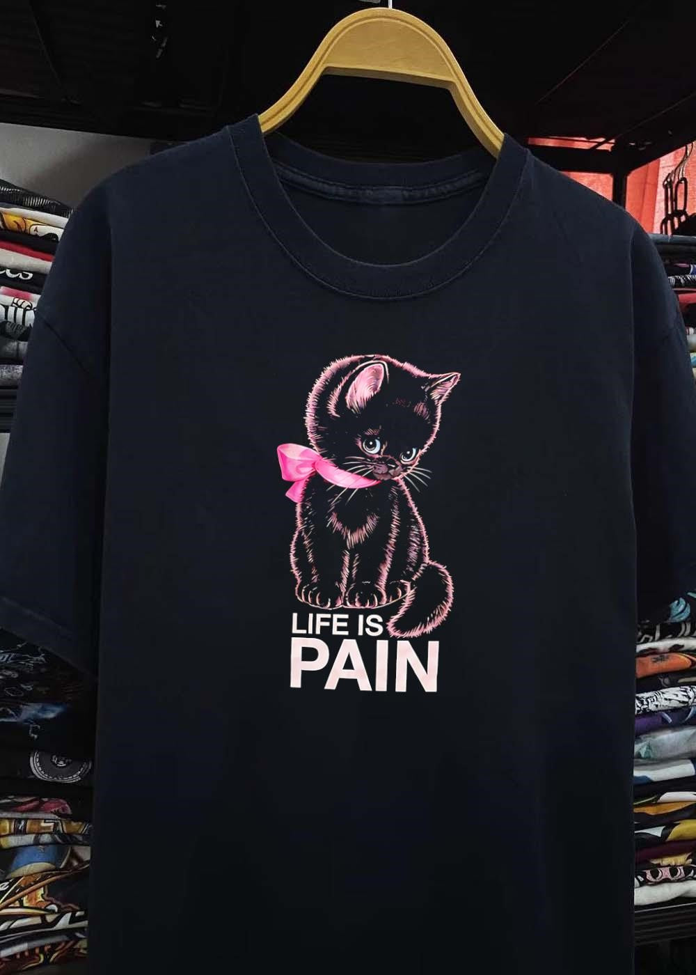 Cute Kitten With Pink Ribbon Life Is Pain T-Shirt
