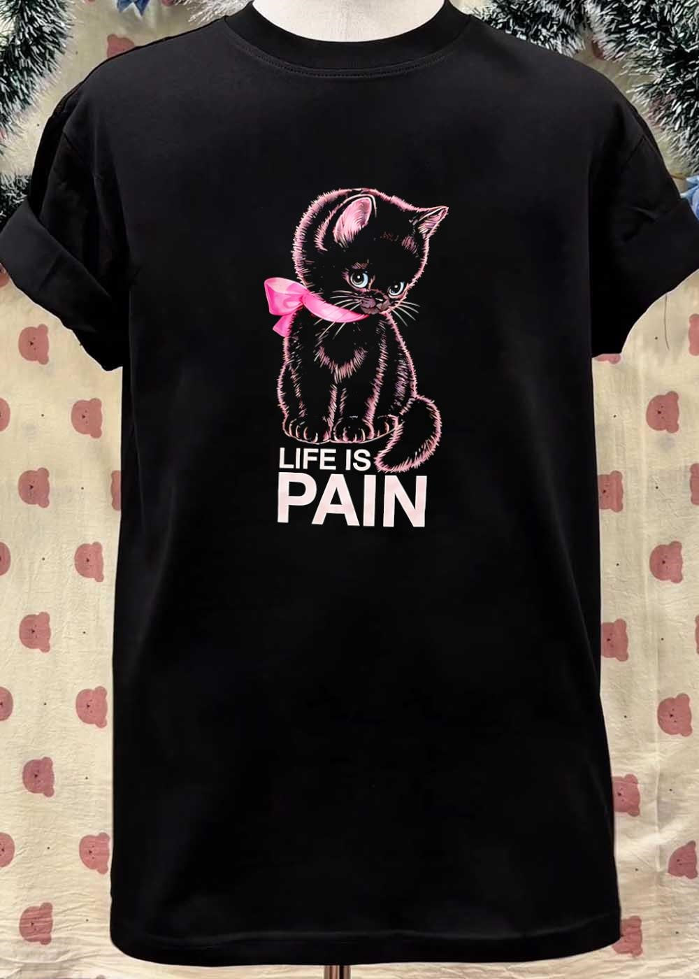 Cute Kitten With Pink Ribbon Life Is Pain T-Shirt