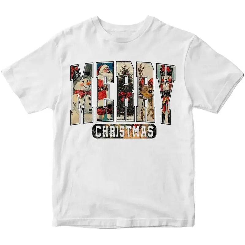Cute Merry Christmas Graphic Tee - Santa Claus - Snowman - Christmas Tree - Reindeer - Merry Christmas Shirt