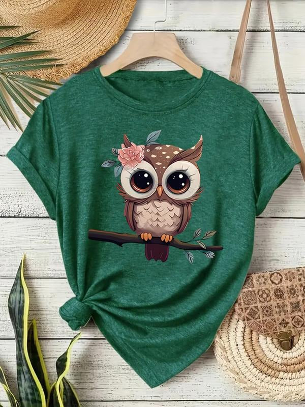 Cute Owl Print Vintage Style Women's Summer Casual Sports Top, Round Neck Short Sleeve T-Shirt, Comfortable Breathable...