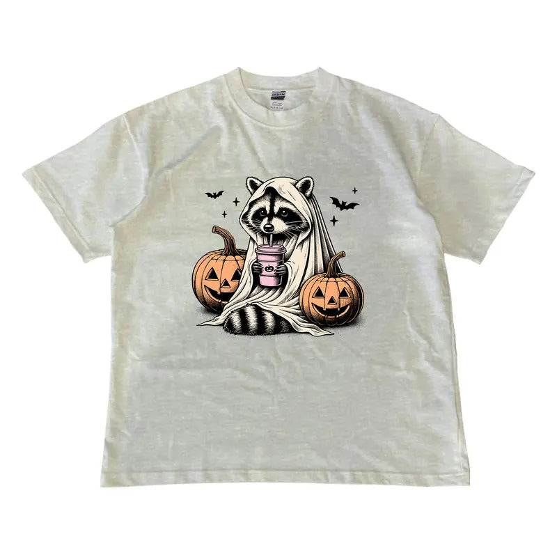 Cute Raccoon Ghost T-shirt, Raccoon Halloween T-shirt, Retro Halloween T-shirt, Spooky Season, MW Unisex Shirt Menswear...