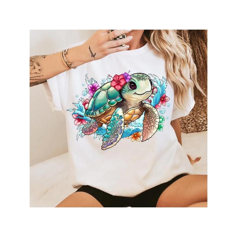 Cute Sea Turtle with Floral Accents and Ocean Waves Design T - Shirt for Beach Lovers Hoodie, Sweatshirt | UrbanDripWear.com