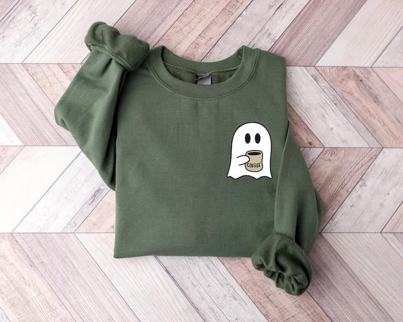 Cute Spooky Coffee Sweatshirt, Womens Ghost Sweatshirt, Spooky Season, Fall Coffee Lover Sweatshirt, Halloween Party...