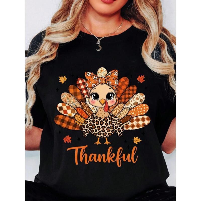 Cute Turkey Print T-Shirt  Thanksgiving Turkey With Plaid Feathers And Thankful Text Autumn Holiday Casual Wear Hoodie,...