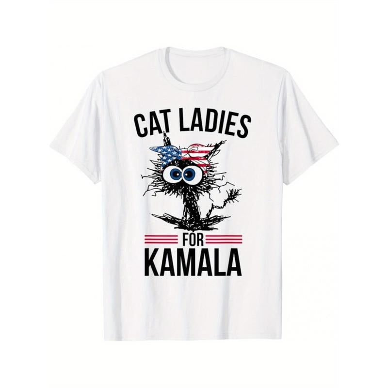 Cute White T - Shirt - "Cat Ladies for Kamala" with Patriotic Cat Graphic Hoodie, Sweatshirt | UrbanDripWear.com