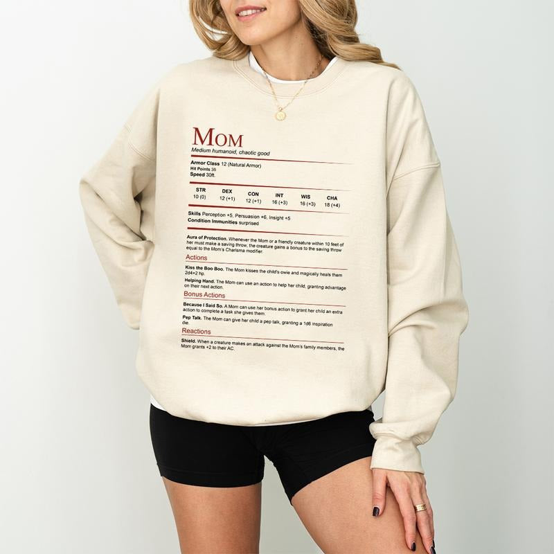D&D Mom Stat Block Shirt Sweatshirt Hoodie, Dunge0ns & Drag0ns Mom Gift, Mother's Day Sweatshirt, Gift for Her