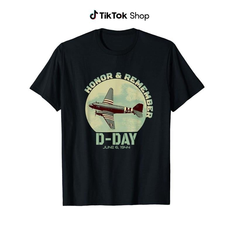 D-Day 75th Anniversary Commemorative T-Shirt - Crew Neck Short Sleeve, Vintage Military Aircraft & Normandy France...