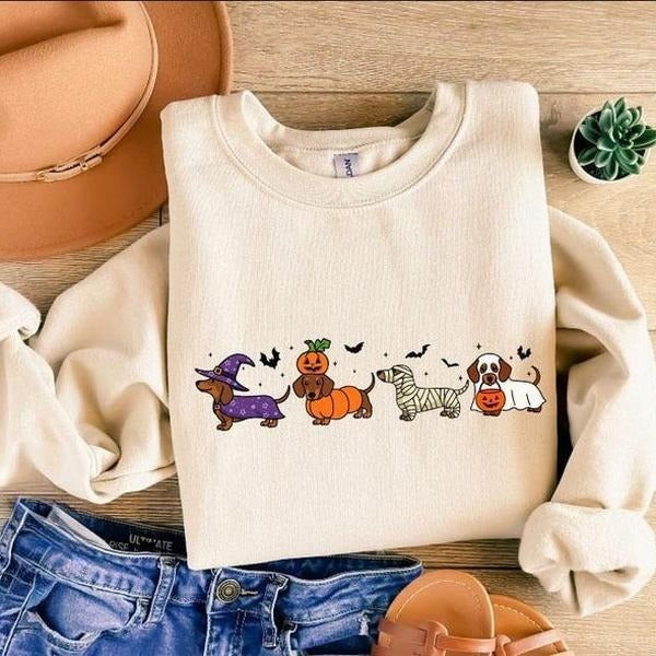 Dachshund Sweatshirt, Halloween Dachshund Shirt, Halloween Cute Dog Shirt, Cute Ghost Dogs Halloween Shirt, Funny...