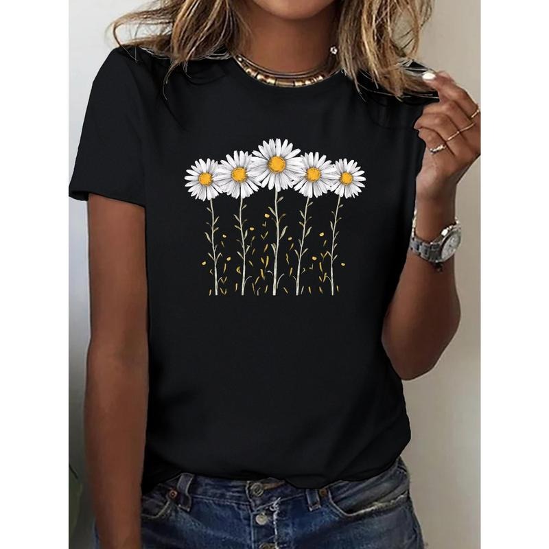 Daisy Floral Print Round Neck T-Shirt, Casual Short Sleeve Comfortable Fit T-Shirt for Spring and Summer, Women'S Fashion...