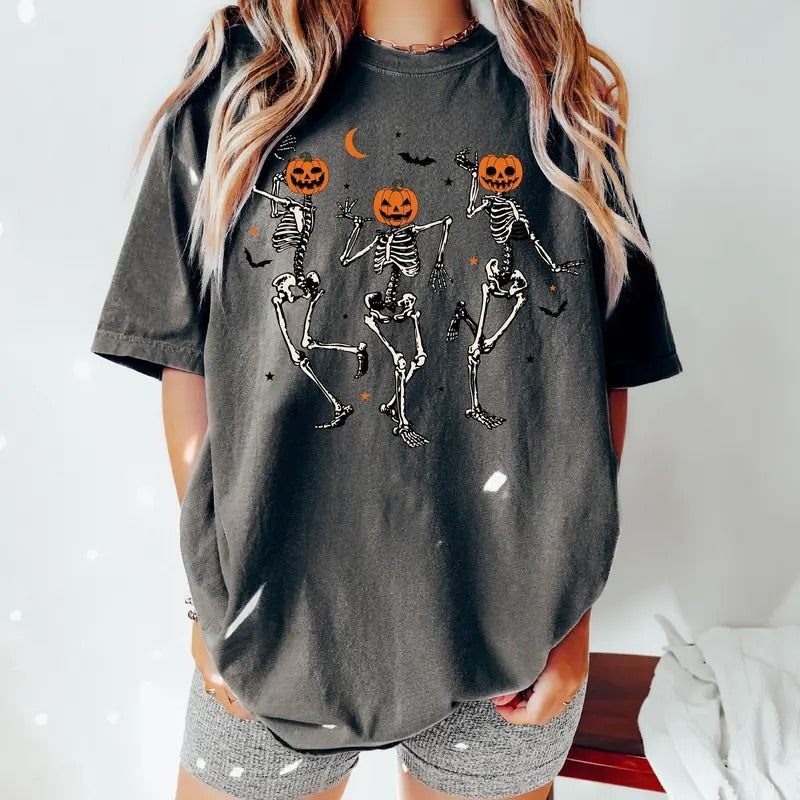 Dancing Skeleton Pumpkin Comfort Colors Shirt, Retro Halloween Shirt, Womens Halloween Shirt, Cute Fall Shirt, Spooky...