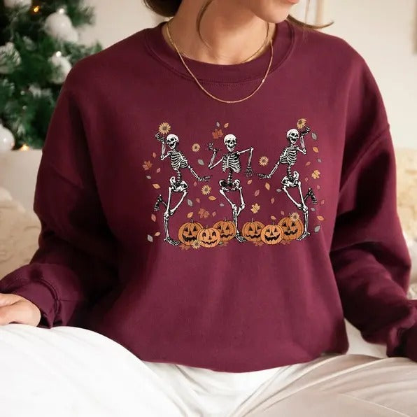 Dancing Skeleton Sweatshirt, Pumpkin Sweater, Pumpkin Skeleton Shirt, Fall Sweatshirt, Halloween Party Sweatshirt, Spooky...