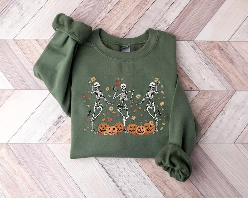 Dancing Skeleton Sweatshirt, Pumpkin Sweater, Pumpkin Skeleton Shirt, Fall Sweatshirt, Halloween Party Sweatshirt, Spooky...