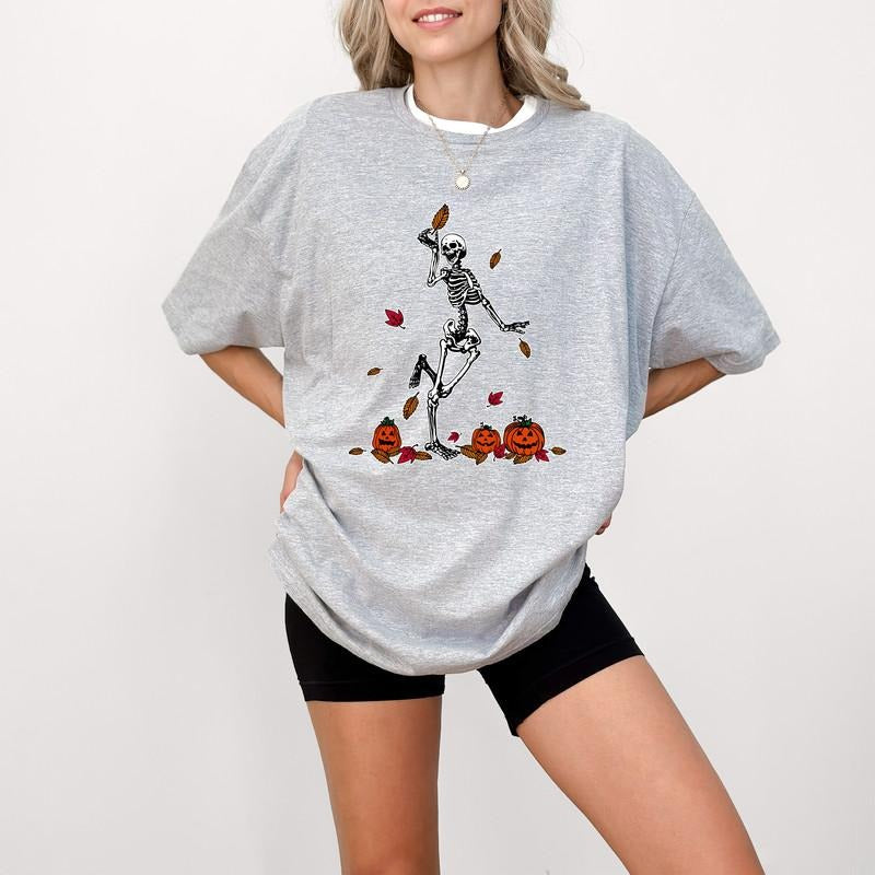Dancing Skeleton T-Shirt, Pumpkin Sweater, Fall Halloween Skeleton Dancing Shirt, Pumpkin Skeleton Shirt, Fall...