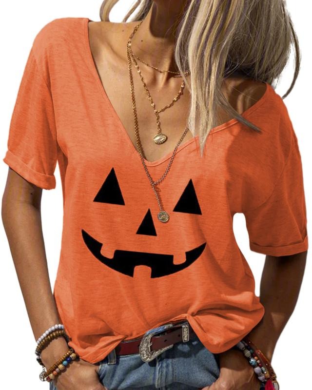 Danedvi Women Halloween T-Shirt Deep V-Neck Short Sleeves Pumpkin Face Print Tunic Tops Hoodie, Sweatshirt
