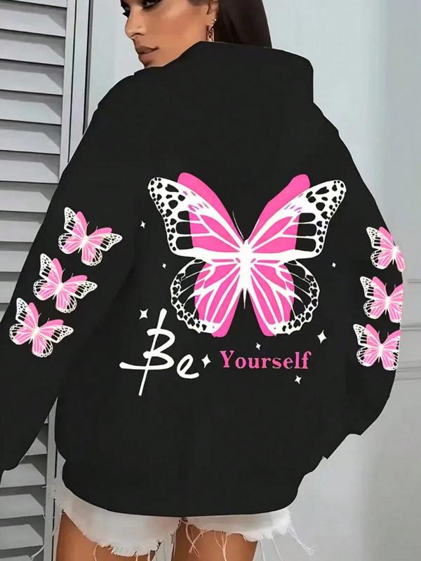 Dark Sweet Cool Style Butterfly Print Hoodie, Women's Casual Loose-Fit Fleece Pullover, Fall & Winter Fashion Sweatshirt...