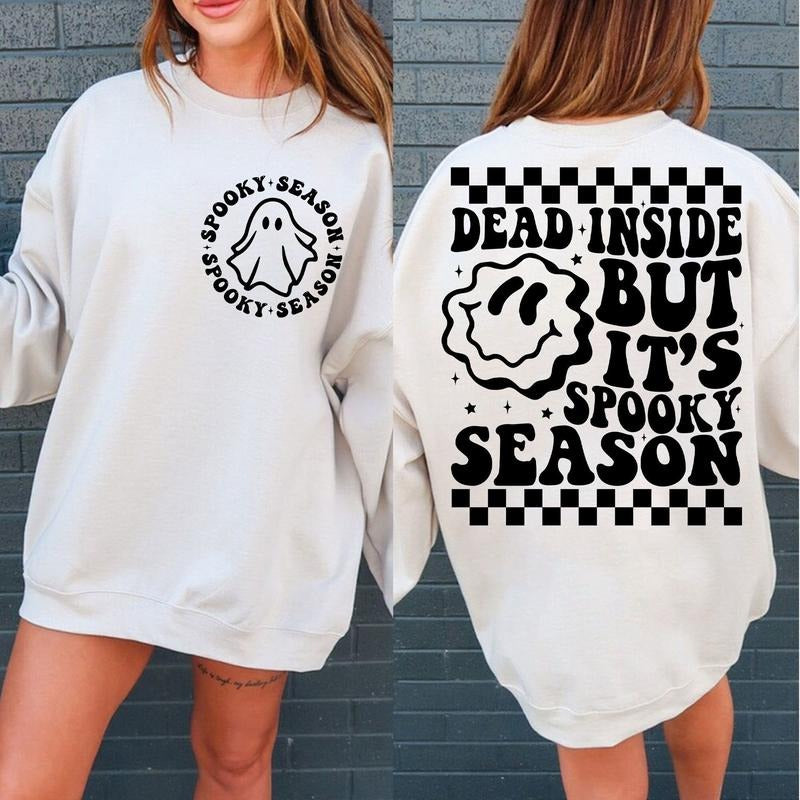 Dead Inside But Its Spooky Season Retro Halloween Sublimation Front And Back Spooky Season Trendy Halloween Shirt Design...