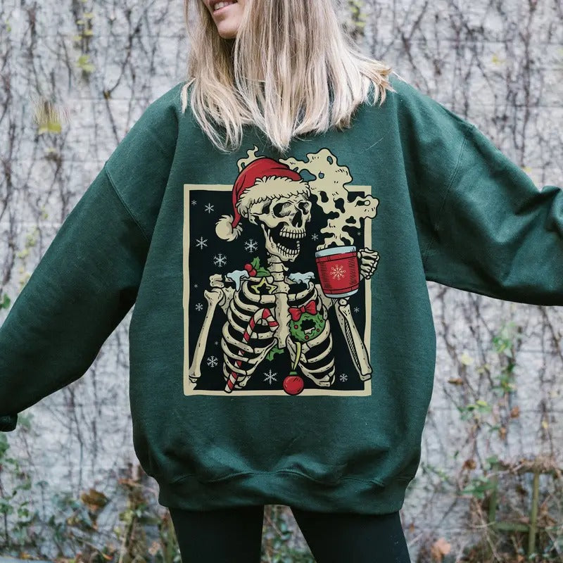 Dead Inside Skeleton Christmas Sweatshirt, Sarcastic Christmas Coffee Shirt, Xmas Christmas Shirt, Coffee Lover Christmas...
