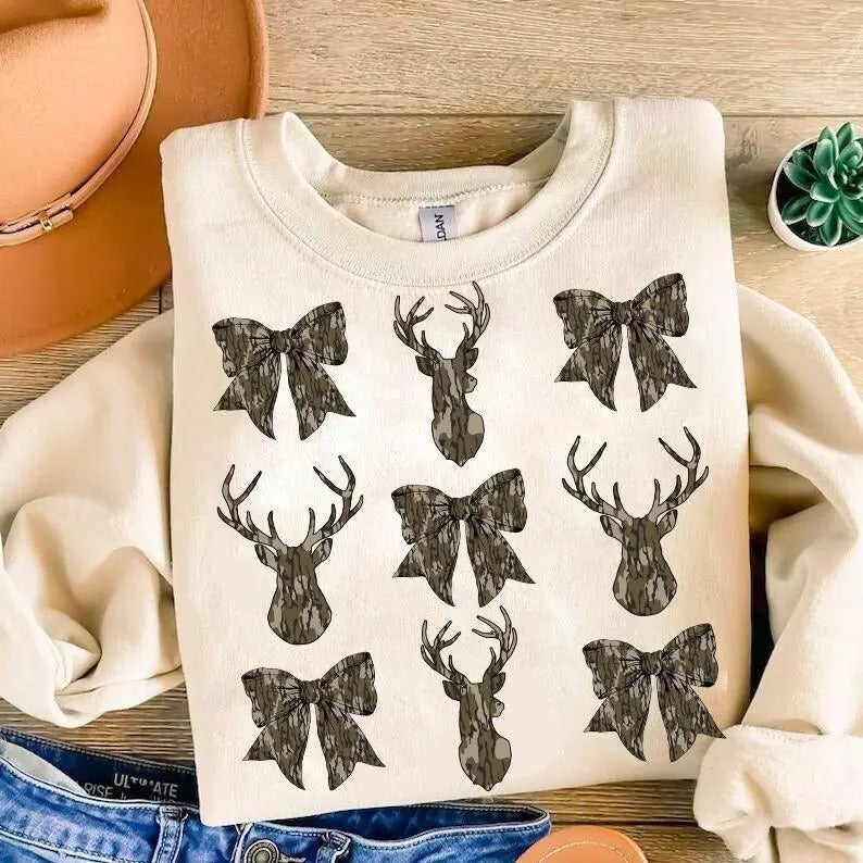 Deer Hunt Camo Coquette Bow Sweatshirt, Old School Camo Shirt, Girls Camo Bow Sweatshirt Soft Cotton Crewneck Sweatshirt...