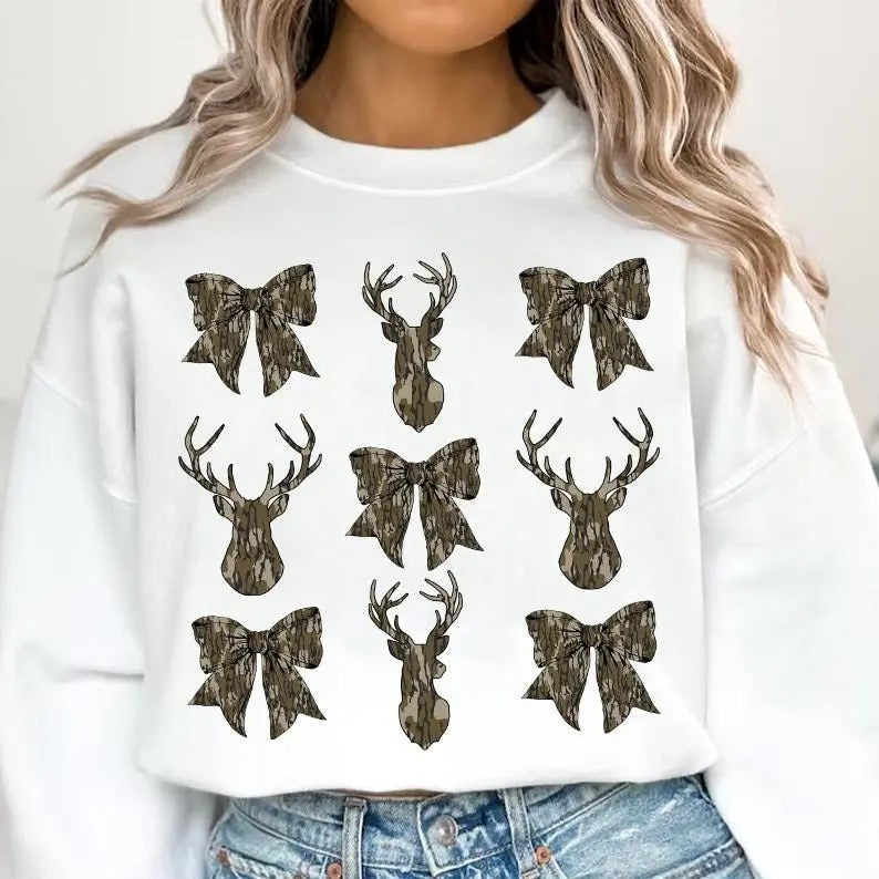 Deer Hunt Camo Coquette Bow Sweatshirt, Old School Camo Sweater, Girls Camo Bow Shirt, Huting Coquette Bow Camo Tee,...