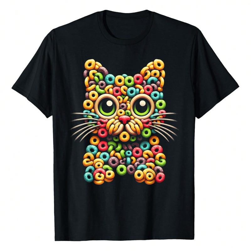 Deliciously Cute: Fruit Loops Cat T-Shirt, 220g Pure Cotton, Casual Crew Neck, Perfect For Casual Shopping And City...