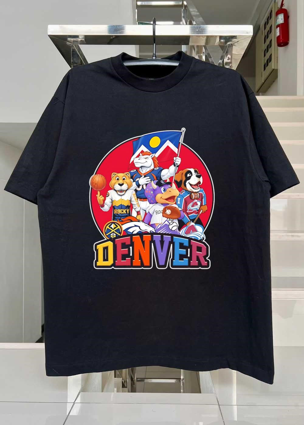 Denver Mascots with Colorado Flag and Sport Equipment Rocky Rockies T-Shirt