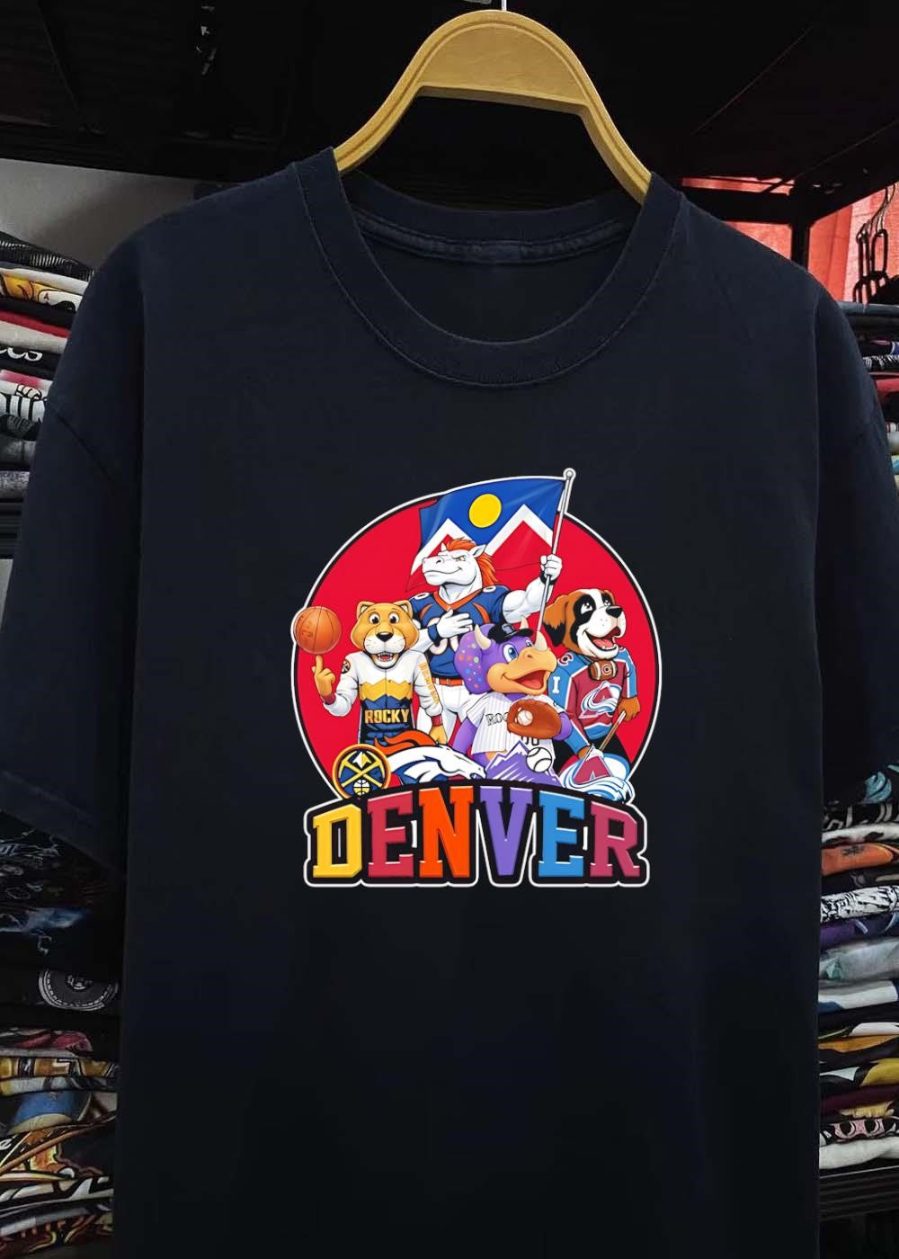 Denver Mascots with Colorado Flag and Sport Equipment Rocky Rockies T-Shirt
