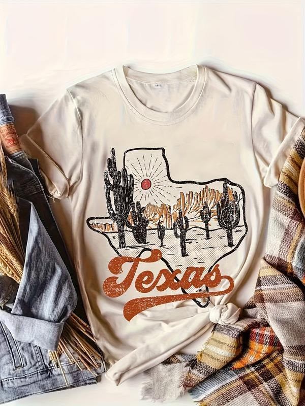 Desert & Cactus Print Crew Neck T-shirt, Casual Short Sleeve Top For Spring & Summer, Women's Clothing Womenswear Hoodie,...