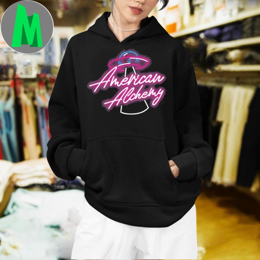 Design American Alchemy Logo UFO Alien Neon Sci-Fi Graphic Fan Shirt