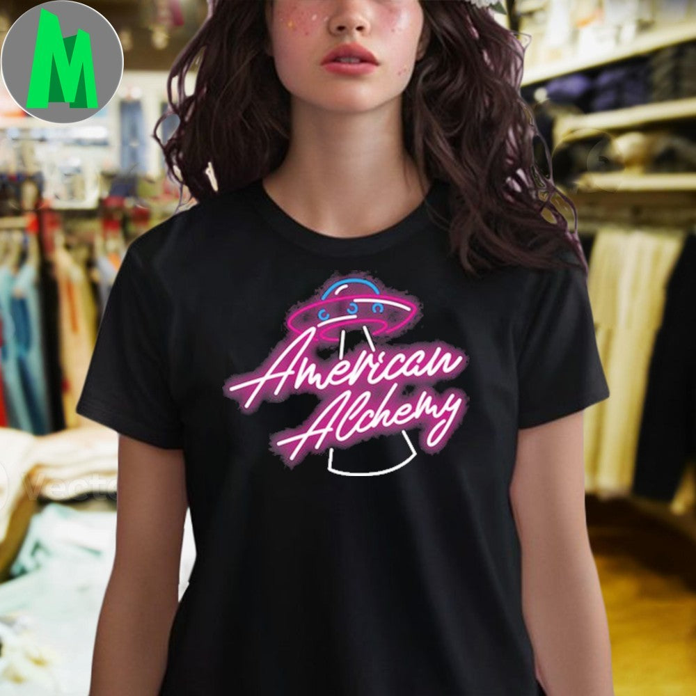 Design American Alchemy Logo UFO Alien Neon Sci-Fi Graphic Fan Shirt
