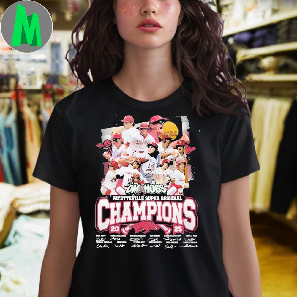 Design Arkansas Razorbacks Omahogs Fayetteville Super Regional Champions 2025 Graphic T-Shirt