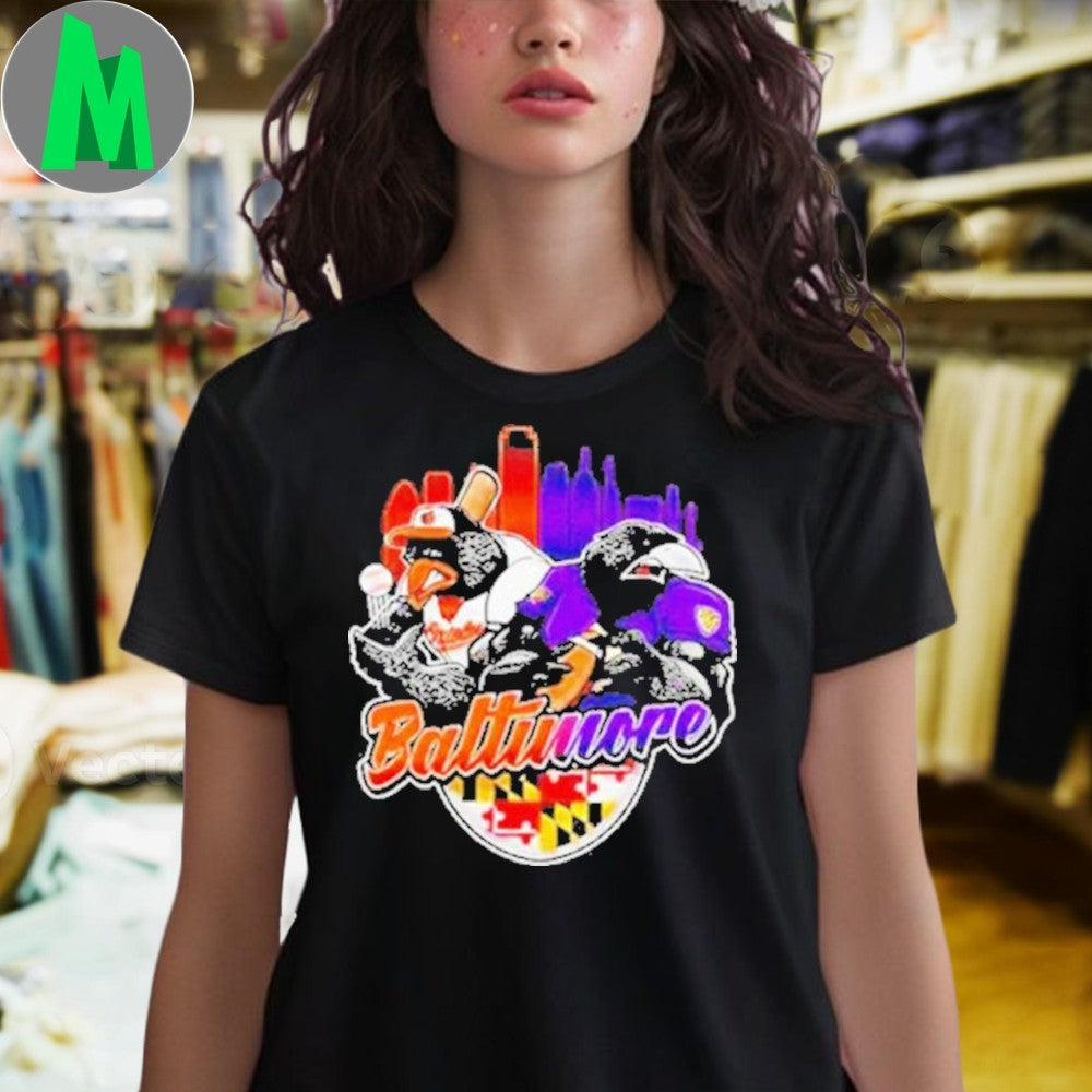 Design Black Baltimore Orioles Ravens Sports Mascots City Skyline Graphic T-Shirt