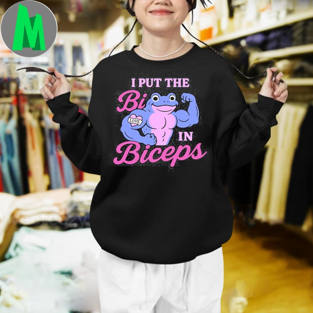 Design Black Funny LGBTQ+ Pride Beat The Bees I Put The Bi In Biceps Frog Shirt