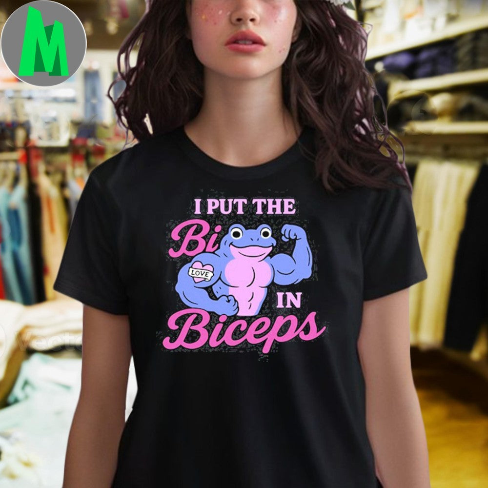 Design Black Funny LGBTQ+ Pride Beat The Bees I Put The Bi In Biceps Frog Shirt