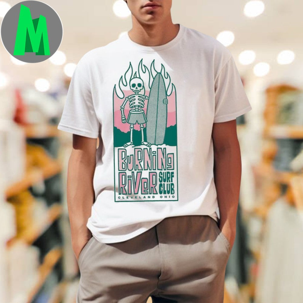 Design Burning River Surf Club Cleveland OH Skeleton Surfer Retro Shirt